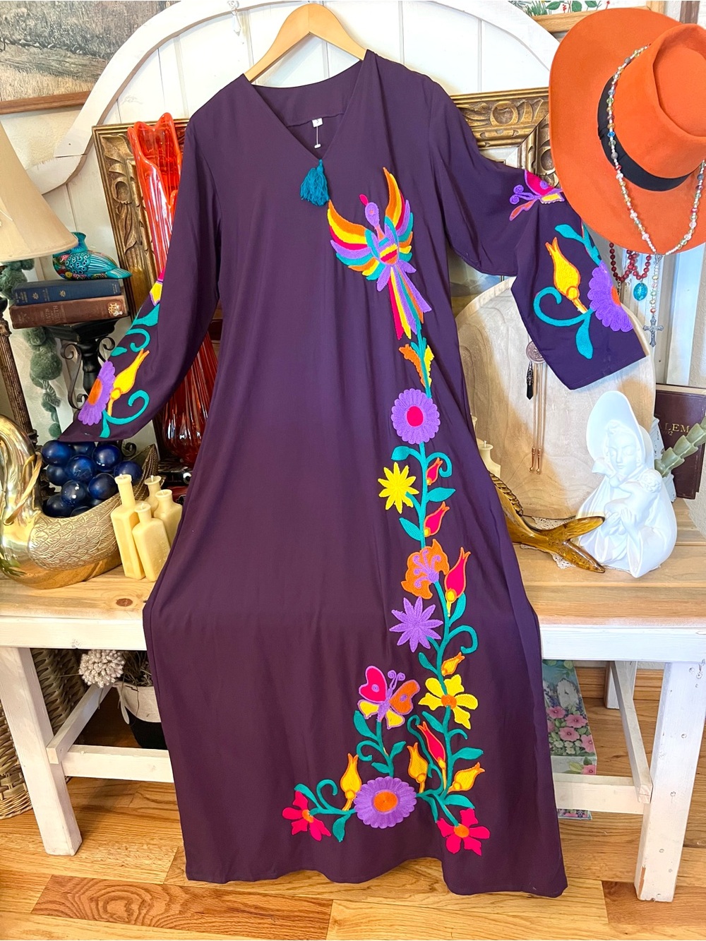 New! The “ Birds of Paradise” Plum Maxi Dress With Embroidered Butterfly Floral